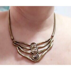 necklace,art Deco,Brutalist brass ,Coil Chain,Gemstone,Triple Bar,Three Crystal